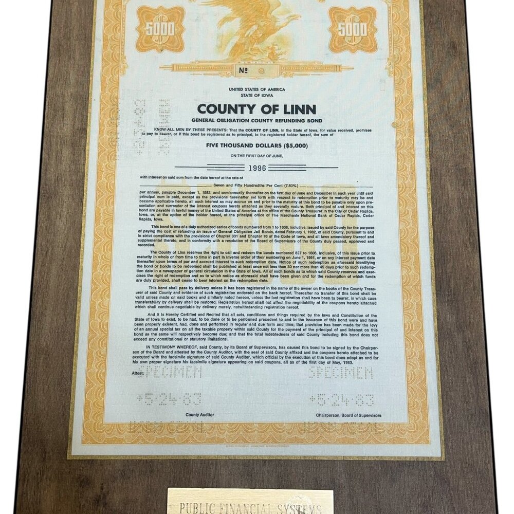 1986 County Of Linn Iowa Specimen $5000 Refunding Bond Certificate Note 1996